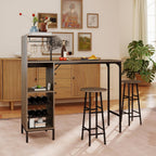 GOFLAME Bar Table Set for 2, Counter Height Dining Table Set with Shelves, Cup Holder & Wine Rack, Breakfast Table & Stools Set, 3-Piece Pub Table Set for Kitchen, Dining Room, Grey Oak