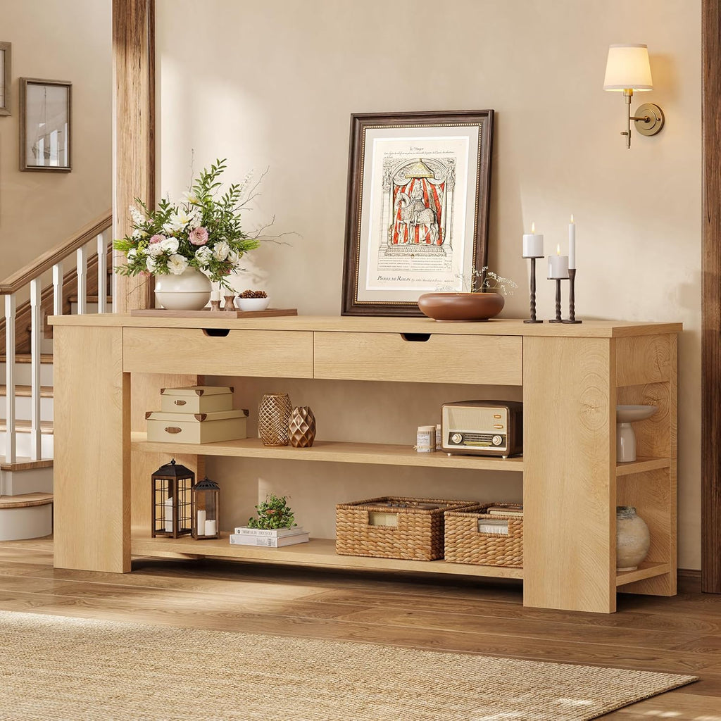 71.8 Inch Extra Long Console Table with Drawers, Farmhouse Long Console Table with Shelves & Built-in Outlets, Entryway Table with Storage for Living Room, Entryway, Hallway, Natural