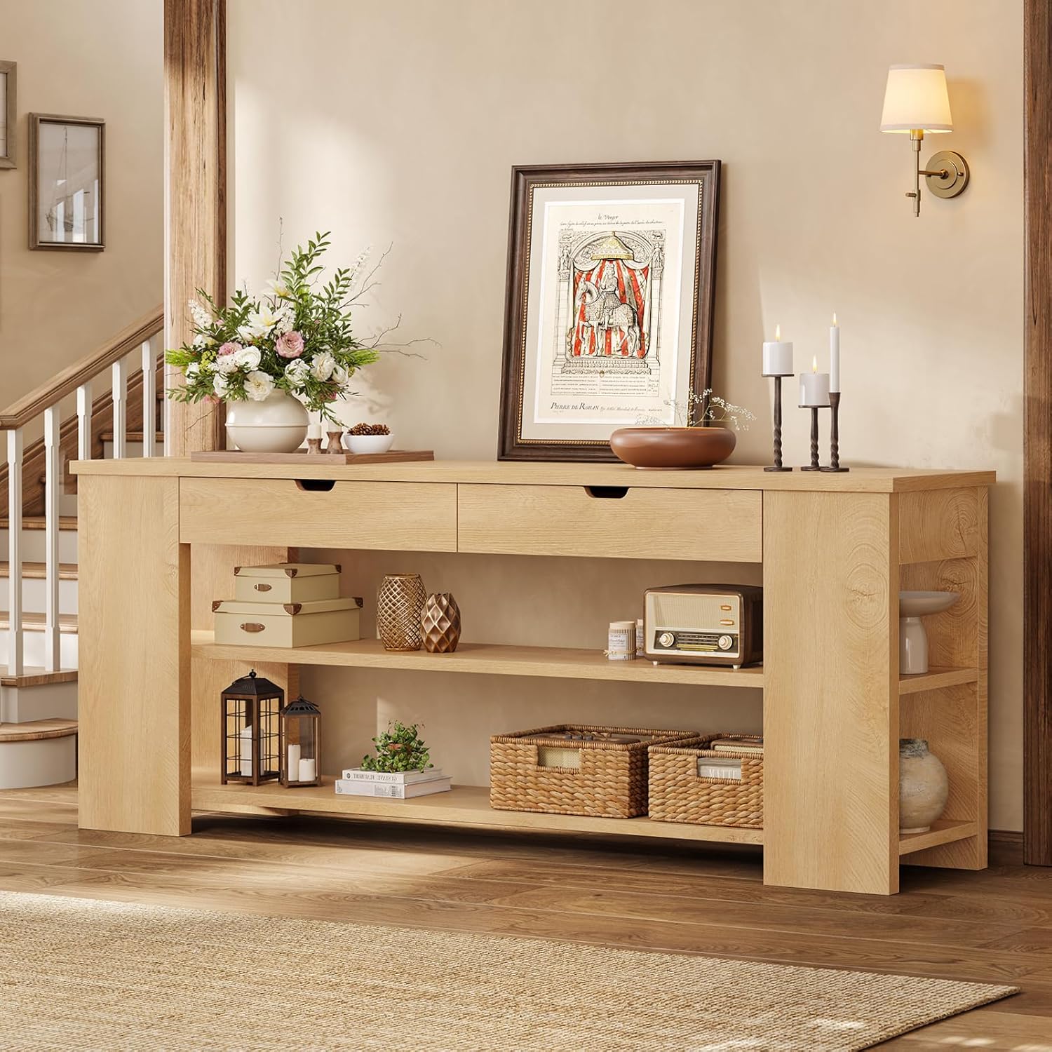 71.8 Inch Extra Long Console Table with Drawers, Farmhouse Long Console Table with Shelves & Built-in Outlets, Entryway Table with Storage for Living Room, Entryway, Hallway, Natural