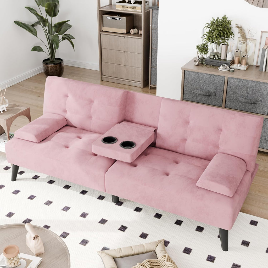 JAMFLY Futon Sofa Bed, 64" Small Futon Couch with Adjustable Backrest, 3-Angle Recliner, Detachable Armrests with Cup Holders for Small Spaces (Pink Velvet)