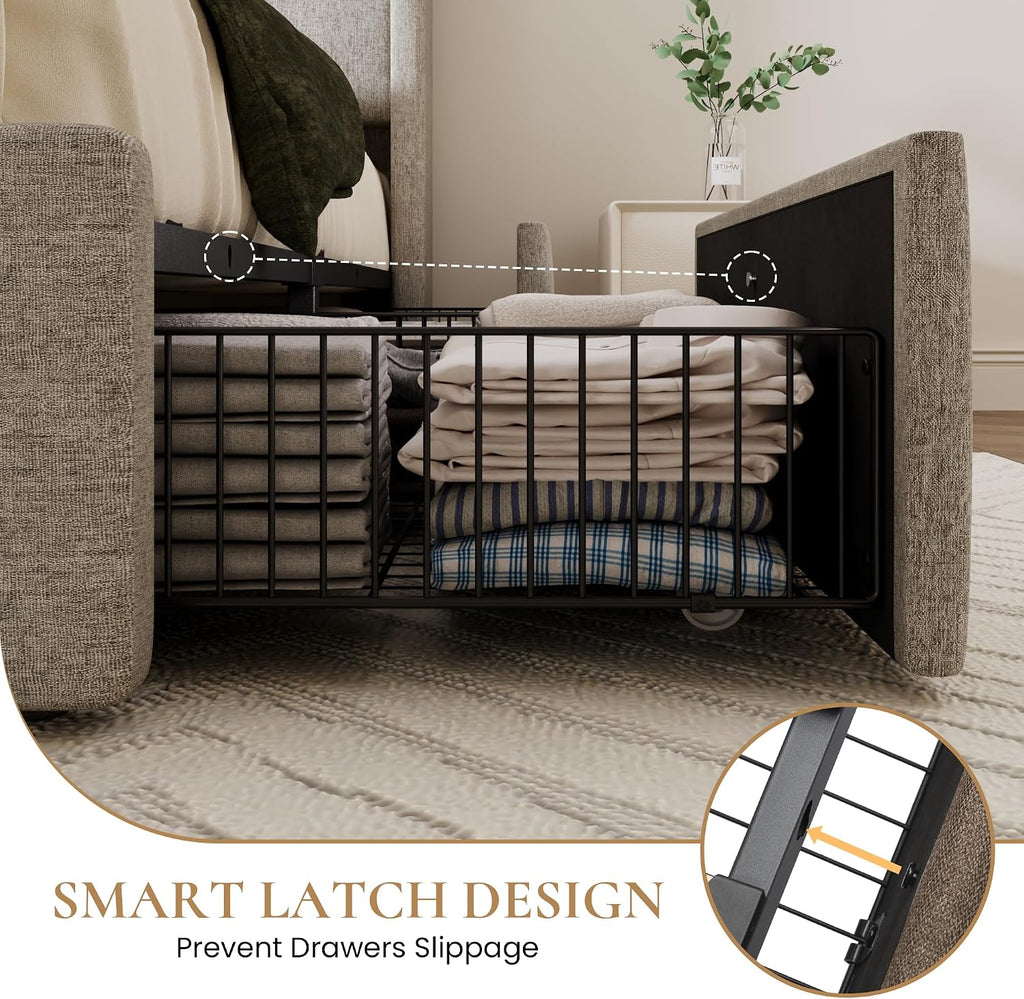 SHA CERLIN Queen Size Storage Bed Frame with 4 Oversized Drawers, Modern Wingback Headboard with Storage Shelf & Charging Station, No Box Spring Needed, Easy Assembly, Light Beige