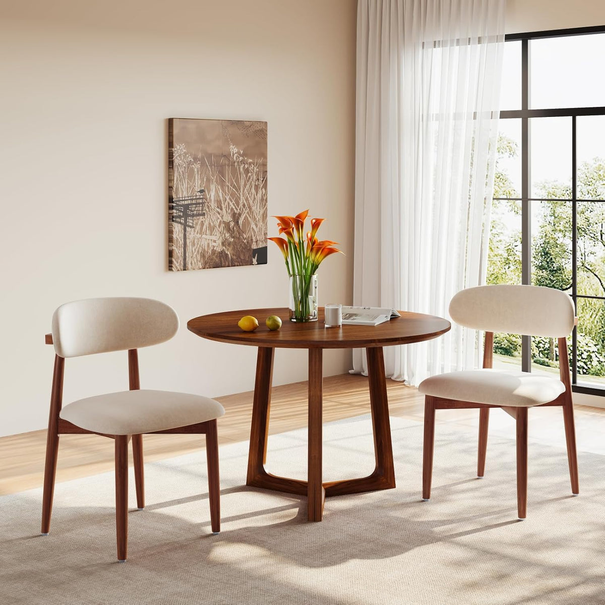Wood Dining Chairs Set of 2, Modern Kitchen Chair, Upholstered Dining Chair with Ergonomic Backrest and Non-Slip Foot Pads, Farmhouse Dining Chairs Very Strong (Beige)