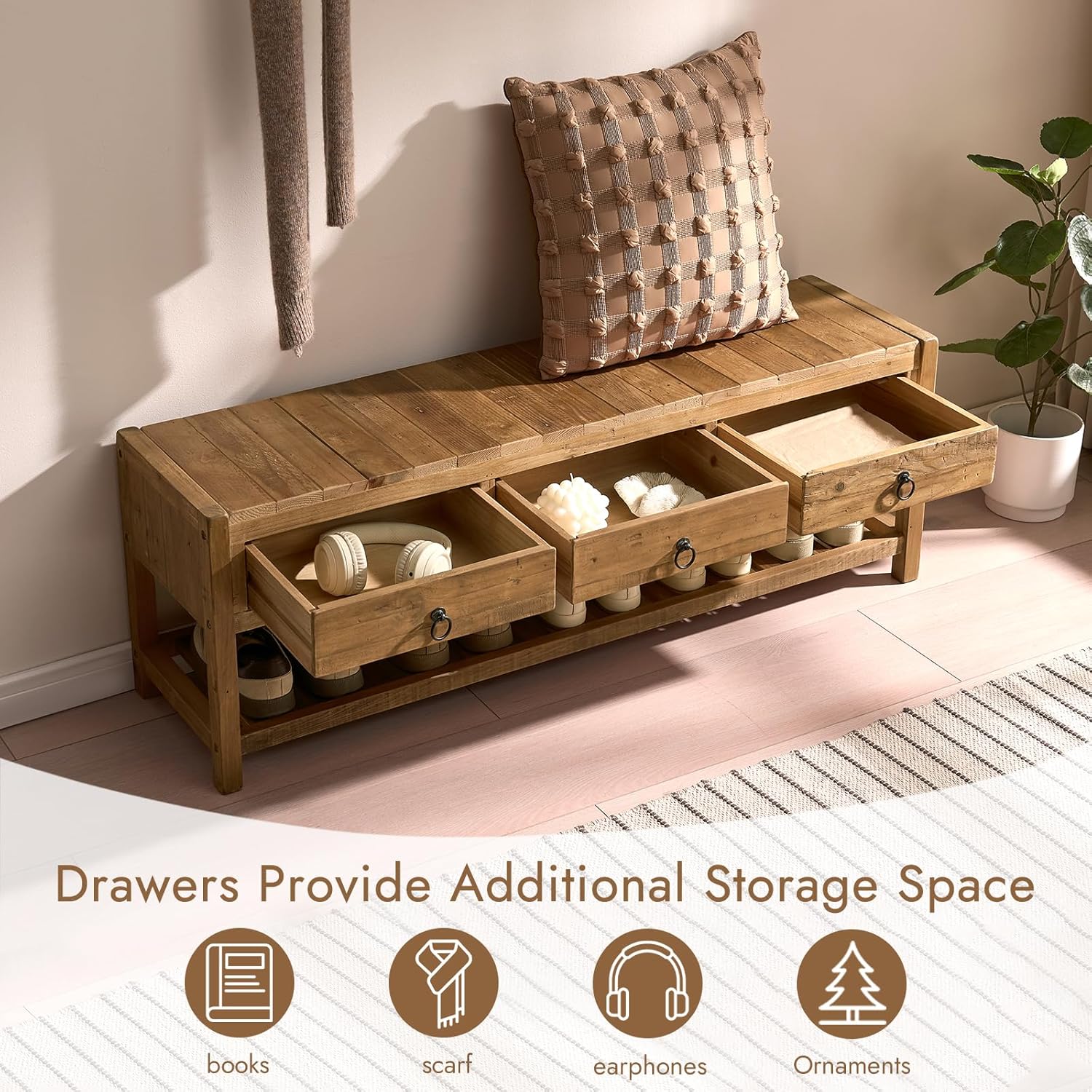 Wnutress 45.2" Reclaimed Solid Wood Benches with 3 Drawers & Slatted Storage Shelf, Rustic Farmhouse Long Entryway Bench Seat for Indoor, End of Bed, Living Room, Hallway, Natural Finsh