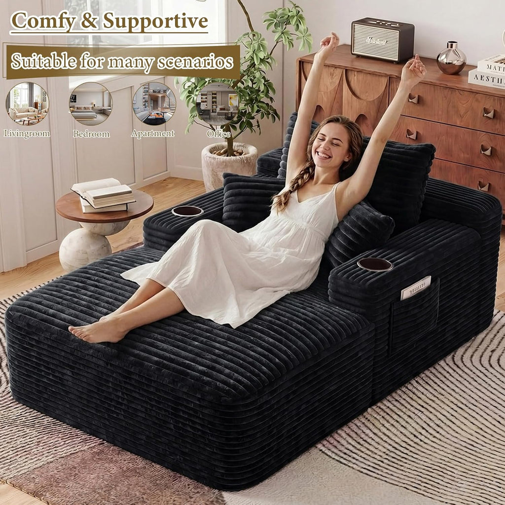 65" L Oversized Chaise Lounge Chair Indoor,Comfy Reading Chair with Cup Holder & Side Pockets,Corduroy Fabric Single Cloud Sofa Chair for Living Room & Bedroom,No Assembly, Black