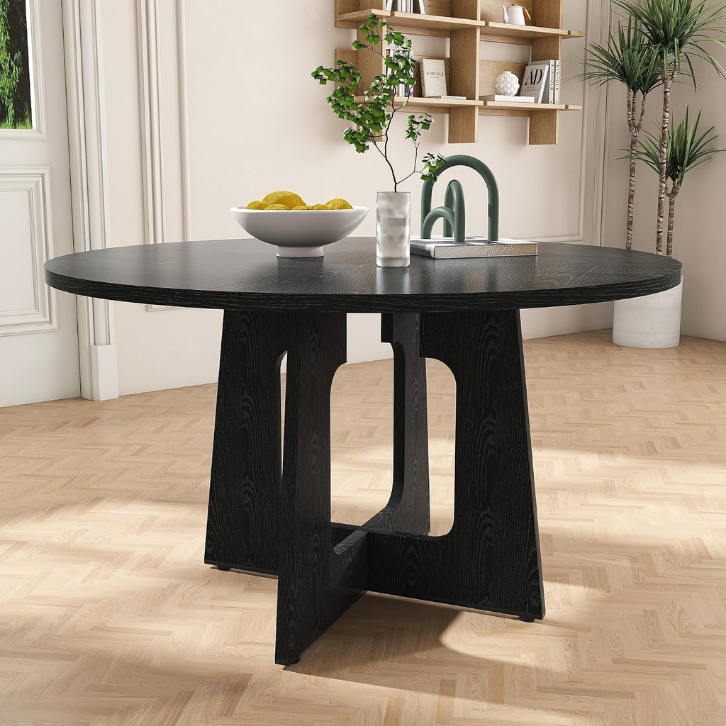 Round Farmhouse Dining Room Table for 6, 47" MDF Circle Kitchen Table with Wood Grain Finish, Wooden Kitchen and Dining Table for Dining Room, Kitchen, Living Room, Black