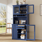 Kitchen Pantry Storage Cabinet, Tall Freestanding Farmhouse Buffet with Hutch 74.8” Tall, Adjustable Shelves & Wine Rack Built in, Large Cupboard for Living Room, Dining Room, Blue