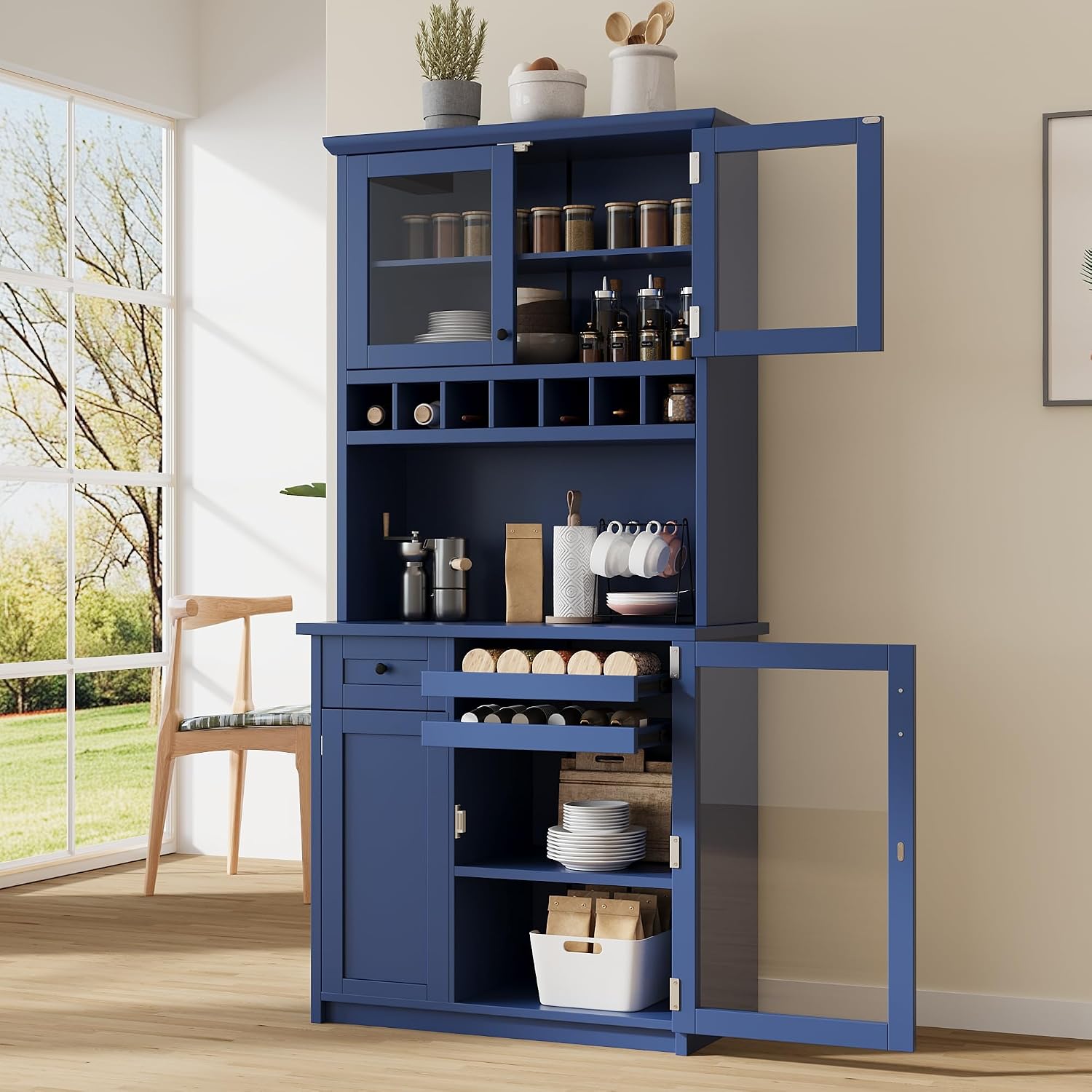 Kitchen Pantry Storage Cabinet, Tall Freestanding Farmhouse Buffet with Hutch 74.8” Tall, Adjustable Shelves & Wine Rack Built in, Large Cupboard for Living Room, Dining Room, Blue