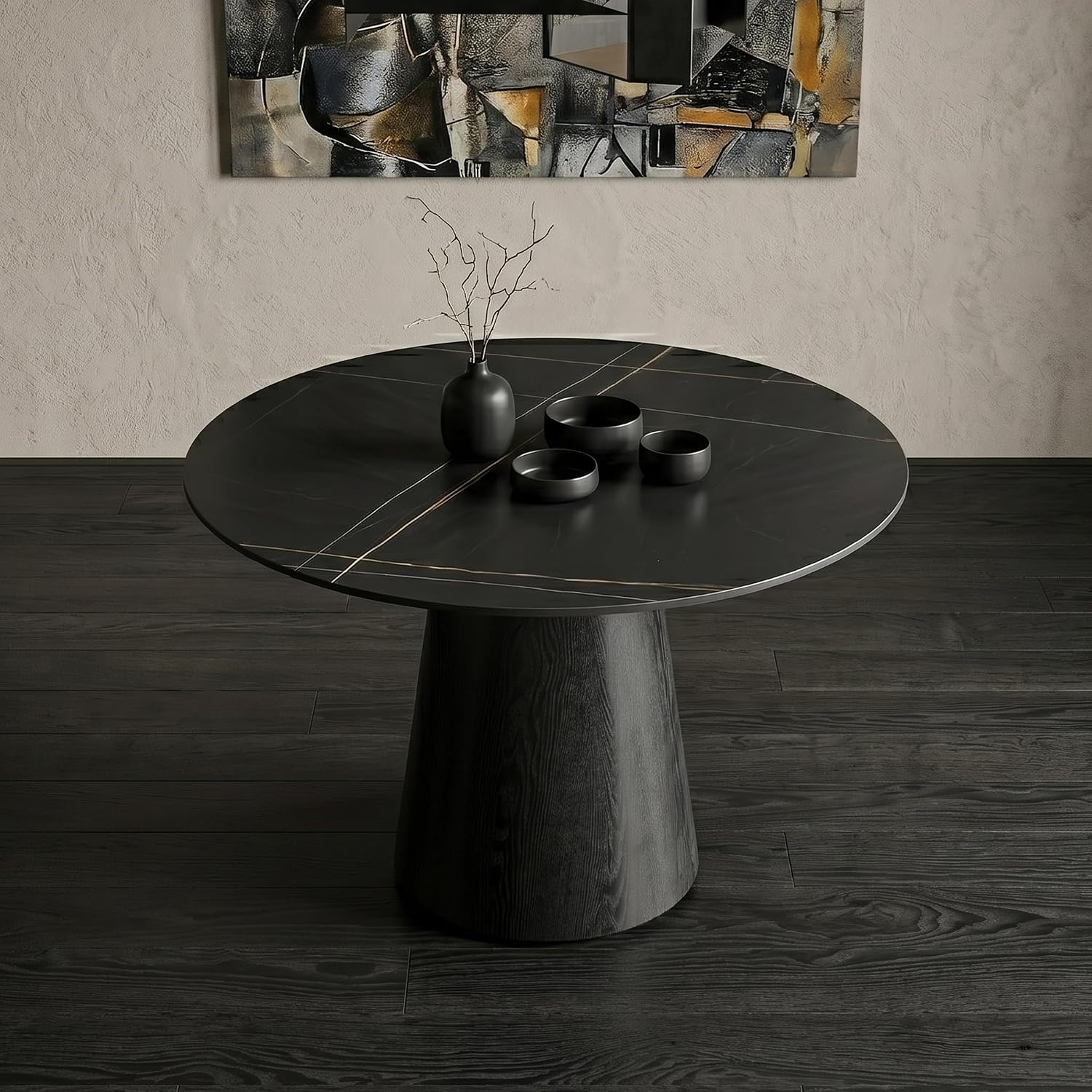 Round Dining Table for 4, 42 Inch Sintered Stone Dining Room Table, White and Black Small Kitchen Table with Stable Pedestal, Modern Marble Dining Table for Kitchen, Apartment, Restaurant
