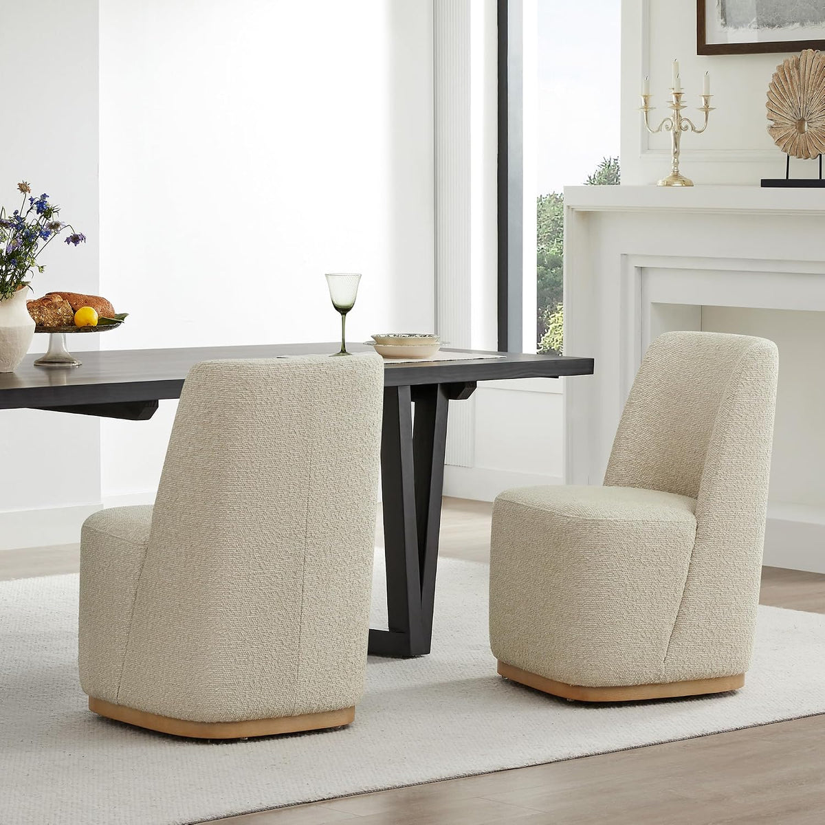 CHITA Upholstered Rolling Dining Chair on Casters Set of 4, Oatmeal | FSC Certified Modern Fabric Dining Chair with Casters, Boucle Dining Chairs for Reading Room Kitchen Dining Room