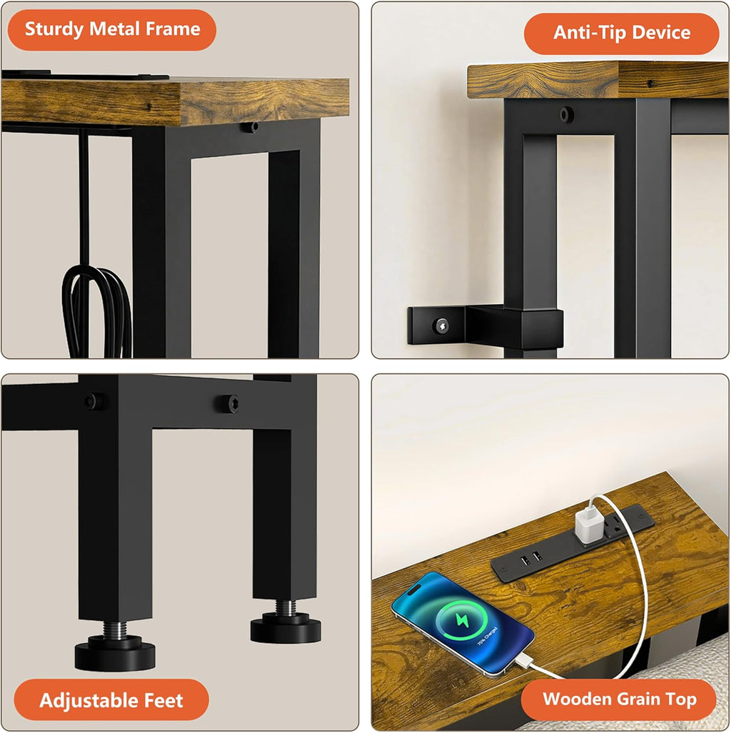 90" Narrow Sofa Table with Outlets (2 AC Outlets & 2 USB Ports), Behind Couch Table with Charging Station, Long Skinny Console Table for Living Room, Entryway and Hallway (Rustic Brown)