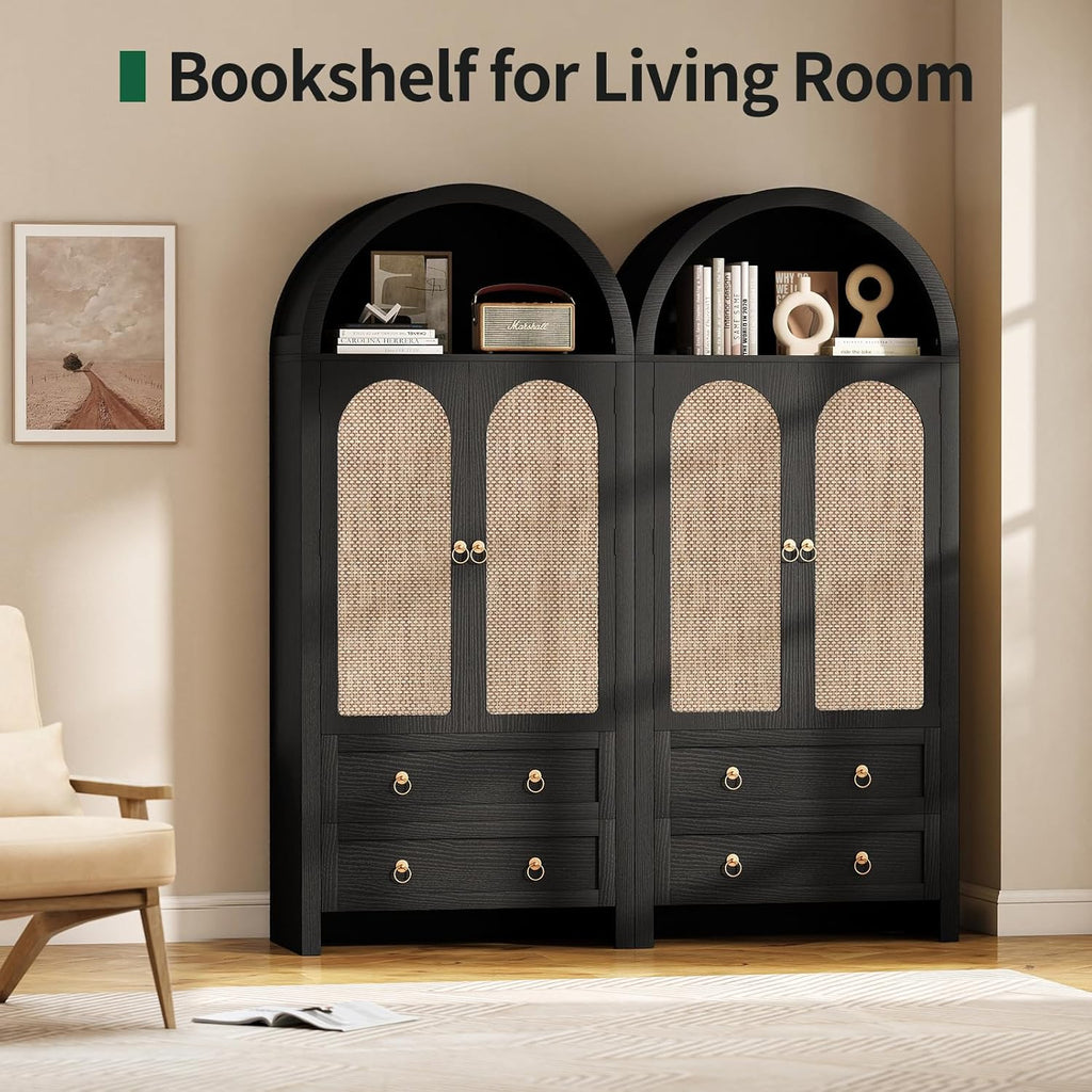 71" Arched Cabinet Kitchen Pantry Cabinet with Rattan Doors, Storage Cabinet with Drawers & Height Adjustable Shelves, Hutch Cabinets with Storage, Tall Arch Bookcase for Dining Room Kitchen, Black