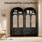 71" Arched Cabinet Kitchen Pantry Cabinet with Rattan Doors, Storage Cabinet with Drawers & Height Adjustable Shelves, Hutch Cabinets with Storage, Tall Arch Bookcase for Dining Room Kitchen, Black
