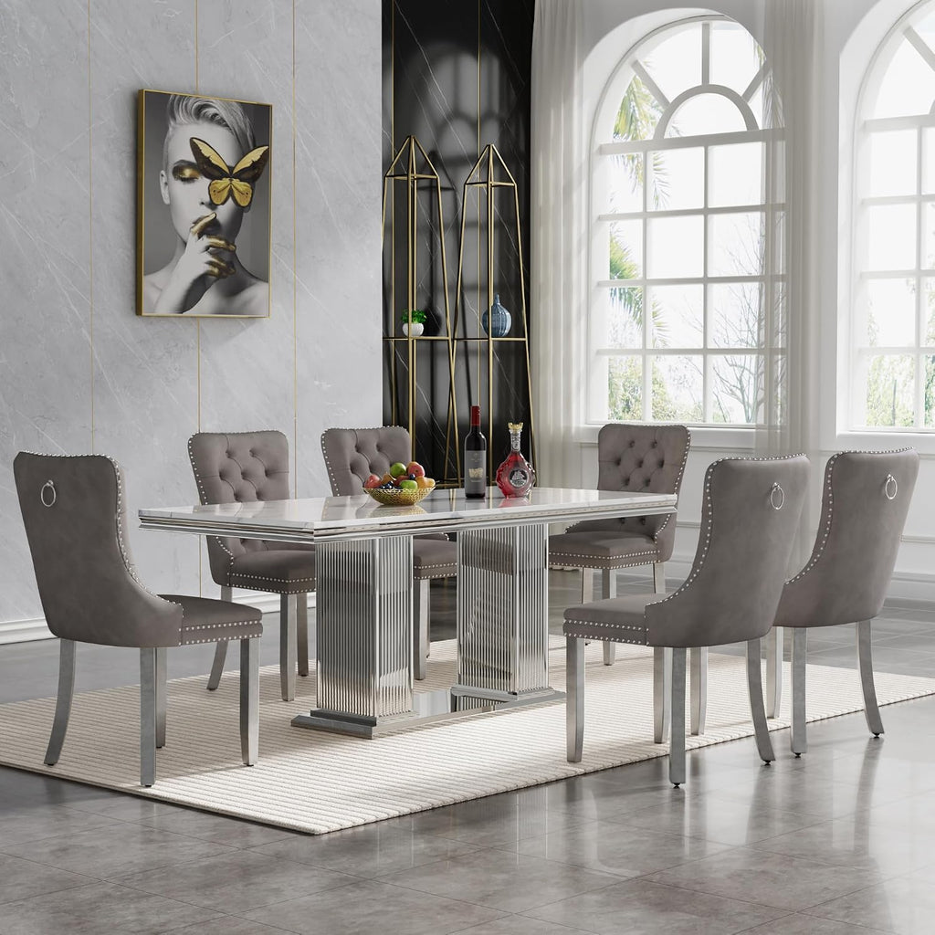HomVent 68'' Silver Faux Marble Dining Table Set with 6 Grey Velvet Chair | Modern Rectangle Kitchen Table Set of 6 with Faux Marble Table Top & Stainless Steel Base Dining Set for Kitchen Dining Room