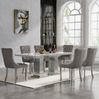 HomVent 68'' Silver Faux Marble Dining Table Set with 6 Grey Velvet Chair | Modern Rectangle Kitchen Table Set of 6 with Faux Marble Table Top & Stainless Steel Base Dining Set for Kitchen Dining Room