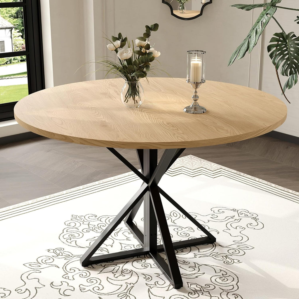 GarveeHome 47 Inch Round Dining Table for 4-6, Circle Kitchen Table with Pedestal Base, Farmhouse Wooden Dining Table for Small Spaces, Kitchen & Dining Room, Living Room-Oak/Only Table