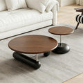 Walnut Veneer Nesting Round Coffee Table Set with Metal Base Center Table | Modern Sculptural Curved Accent Side Table, Stainless Steel Support Frame for Apartment Living Room(Black,Table Set)