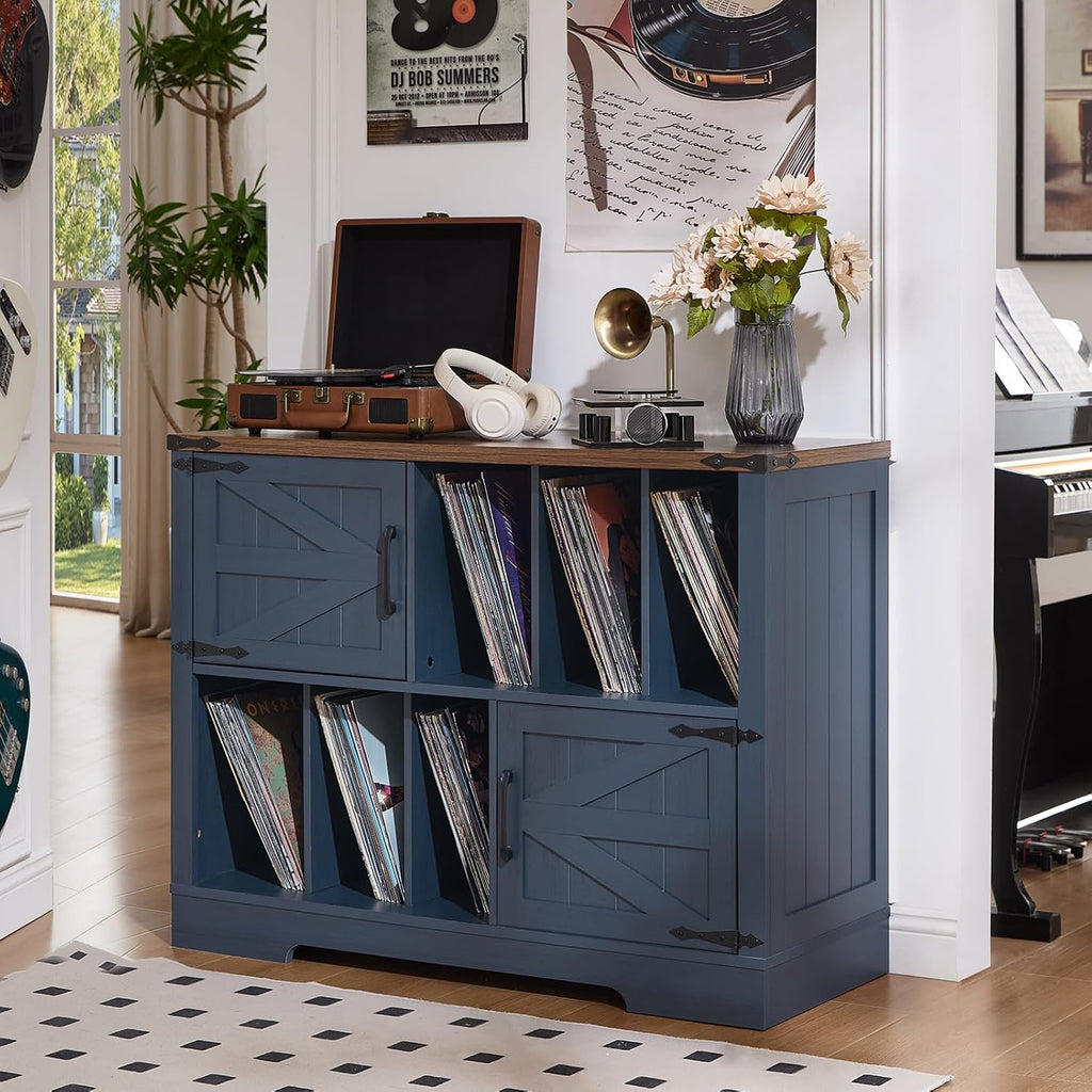 Joaxswe Large Record Player Stand with Vinyl Storage Up to 450 Albums, 39 Inch Farmhouse Wood Navy Blue Vinyl Records Storage Cabinet with Barn Doors, Mid-Century Turntable Stand for Living Room