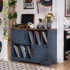 Joaxswe Large Record Player Stand with Vinyl Storage Up to 450 Albums, 39 Inch Farmhouse Wood Navy Blue Vinyl Records Storage Cabinet with Barn Doors, Mid-Century Turntable Stand for Living Room