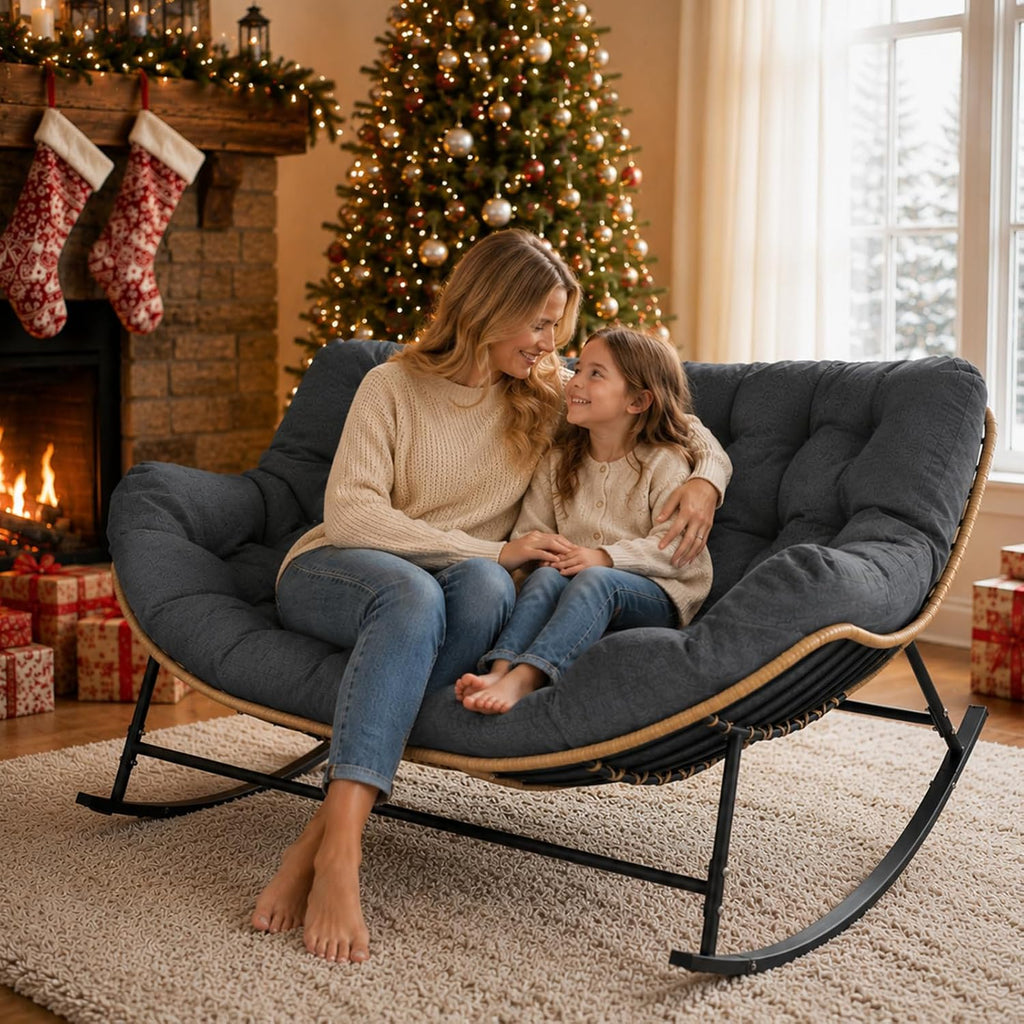 SWITTE Double Rocking Papasan Chair Outdoor, Indoor Oversized Wicker Egg Loveseat with Thick Cushion, Heavy Duty 2 Person Patio Lounge Rocker for Balcony, Porch, Indoor Bedroom, Dark Grey