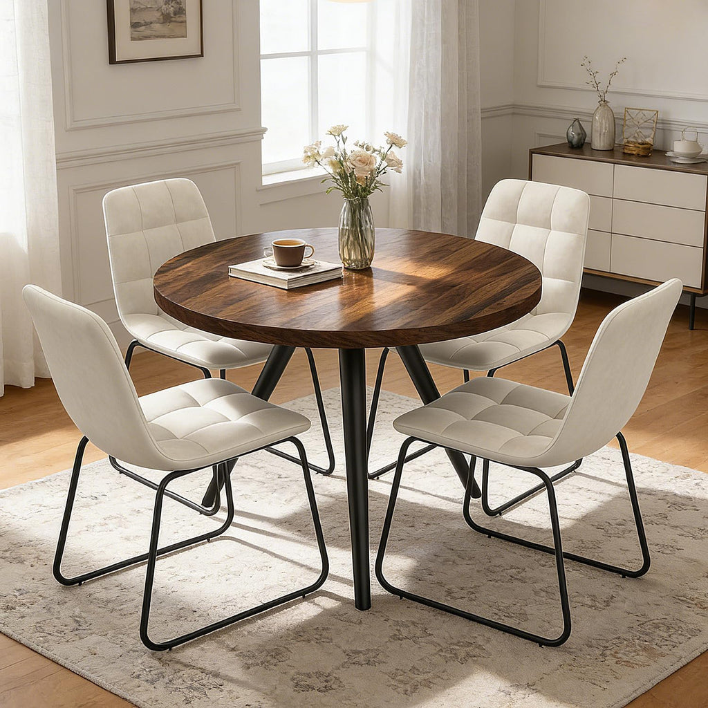 34.6" Round Dining Table Set for 4, Modern Kitchen Coffee Table Set with 4 Faux Leather Chairs, MDF Small Space Saving Dining Room Table and Chairs Set (Walnut Table+4 Beige U-Shaped Chairs)