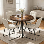 34.6" Round Dining Table Set for 4, Modern Kitchen Coffee Table Set with 4 Faux Leather Chairs, MDF Small Space Saving Dining Room Table and Chairs Set (Walnut Table+4 Beige U-Shaped Chairs)