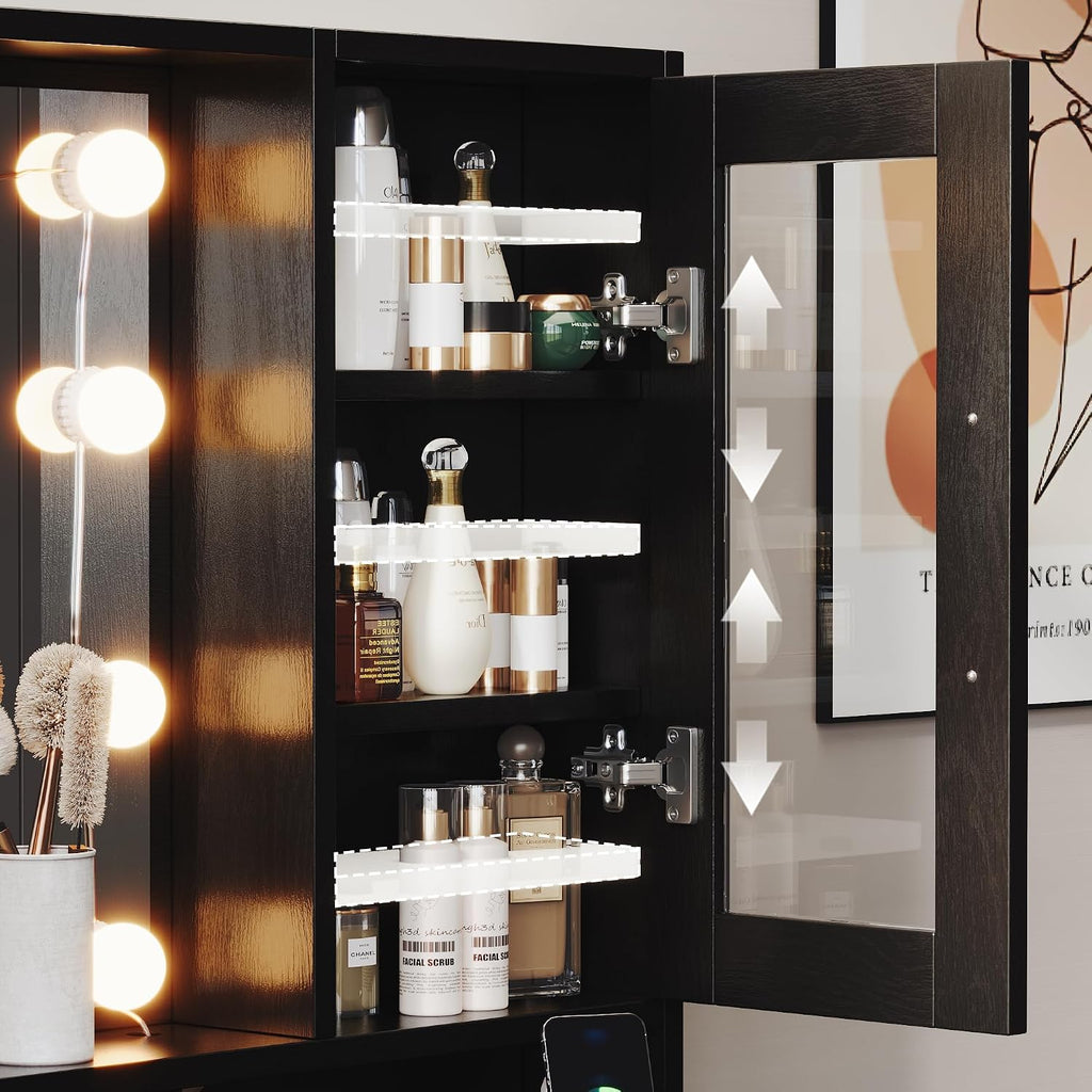 Makeup Desk with Drawers & Cabinet & Dresser, Black Vanity Table with Drawer Dresser, Large Vanity Table with 8 Drawers, Vanity Desk with Large Mirror and 3-Color Lights for Girls, Dressing Table 59"