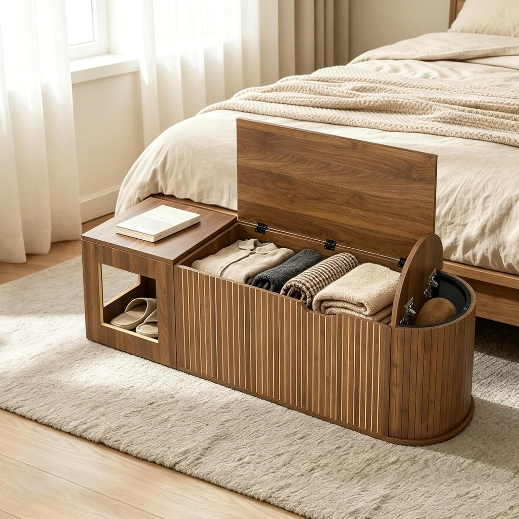 L Shaped Storage Bench with Cushion, Mid Century Modern Corner Dining Bench, Wood Window Breakfast Nook Bench for Dining Room, Entryway, Living Room, Cloakroom, Walnut