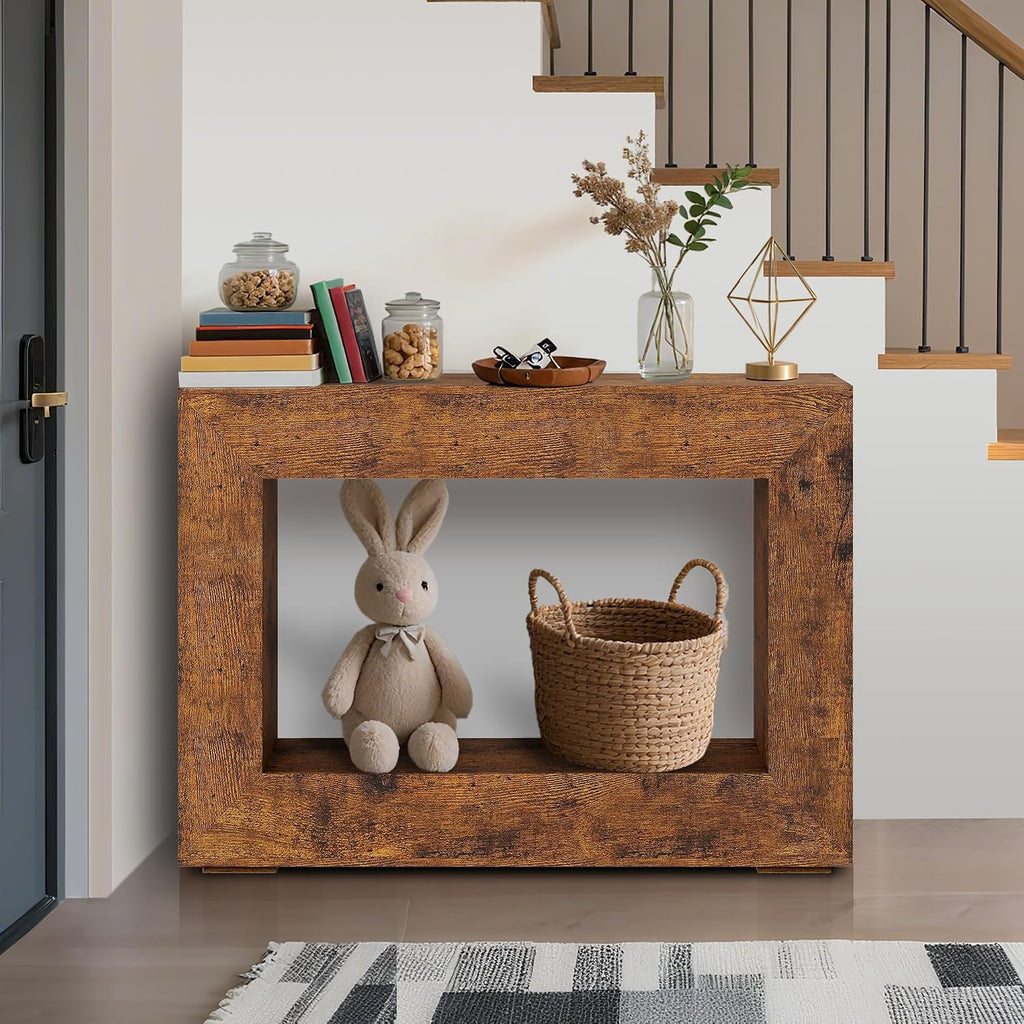 47" Farmhouse Console Table - Long Sofa Table Behind Couch, Wooden Entryway Table for Living Room, Hallway, Entrance, Rustic Rectangular Design, Brown