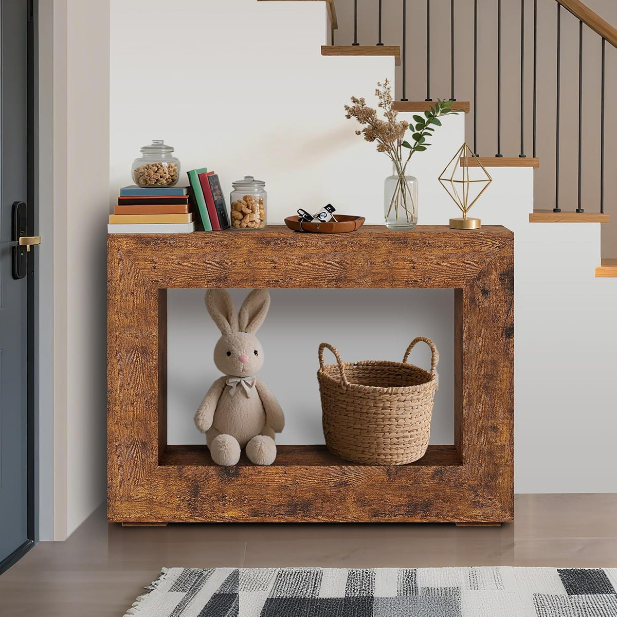 47" Farmhouse Console Table - Long Sofa Table Behind Couch, Wooden Entryway Table for Living Room, Hallway, Entrance, Rustic Rectangular Design, Brown