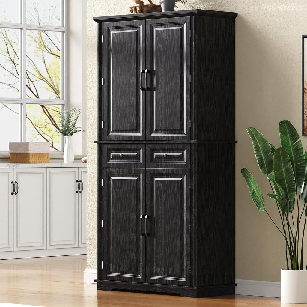 Virubi 71" Tall Kitchen Pantry Cabinet with 3 Pull Out Cabinet Organizers, Farmhouse Embossed Texture Storage Cupboard with Door Shelves, Adjustable Shelves, Anti-Tip Kit for Kitchen & Dining (Black)