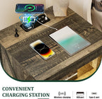 Farmhouse Night Stand with Gun Drawer, Bedside Table with Charger Station, LED Nightstand with Human Sensor Light, Smart End Table for Bedroom Livingroom, Rustic
