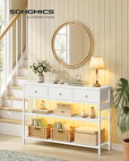SONGMICS Console Table with Charging Station, Narrow Sofa Table with LED Lighting, for Entryway, Living Room, 11.8 x 38.9 x 31 Inches, 3 Fabric Drawers, Cloud White, BELLAH Collection ULGS198W101