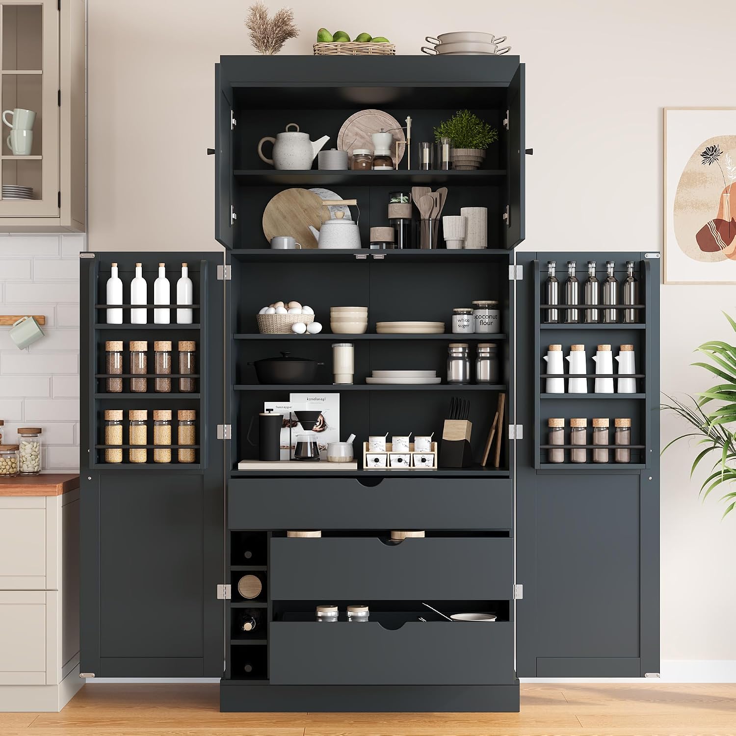 77'' Tall Freestanding Kitchen Pantry, Modern Cupboard Storage with Adjustable Shelves,Door Shelves, Drawers and Wine Racks,for Dining Living Room (Grey-A)