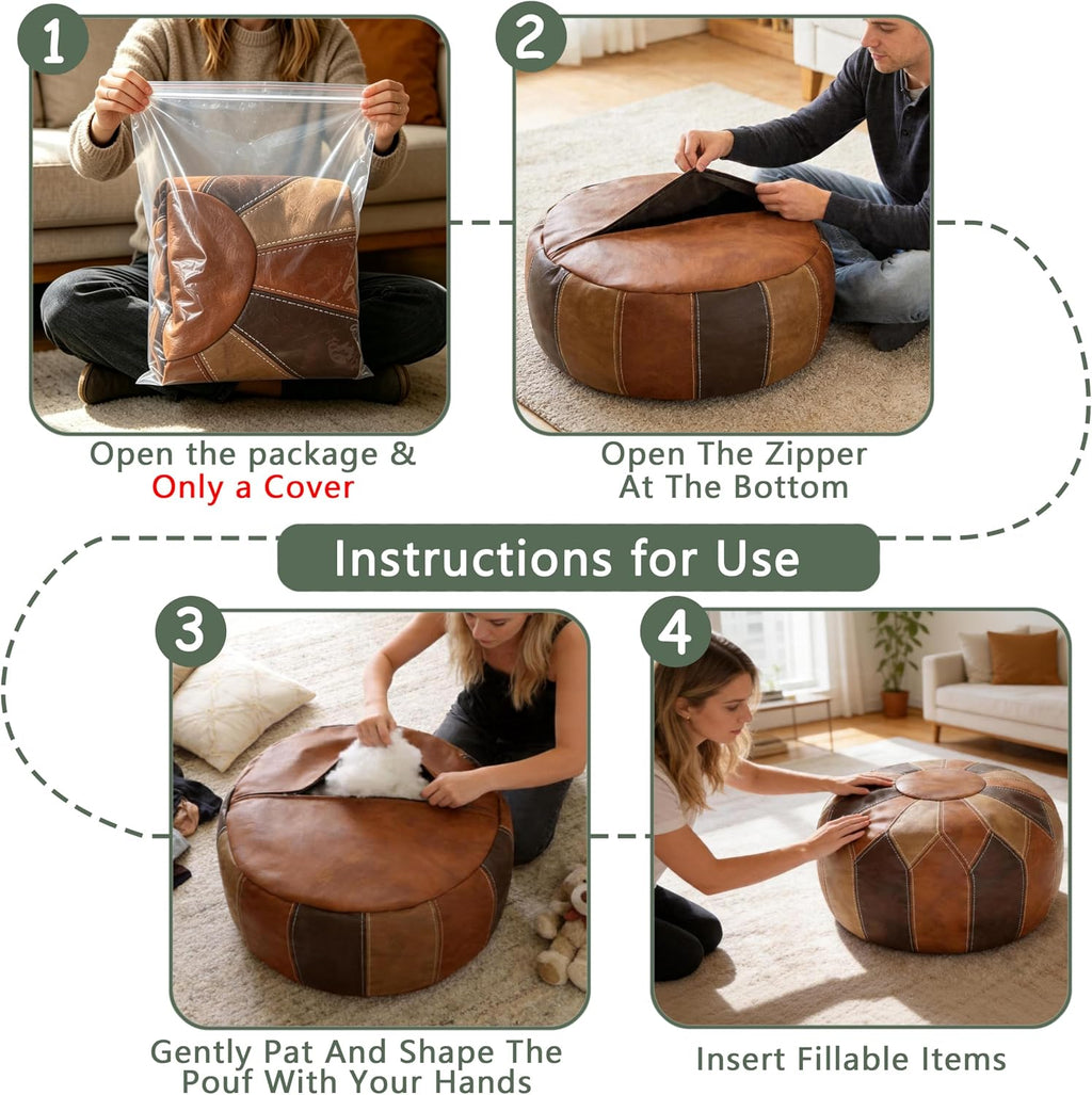 Thgonwid Round Unstuffed Pouf Cover, Faux Leather Storage Ottoman, Boho Moroccan Foot Stool, Multi-Purpose Home Decor for Living Room, Bedroom and Balcony, Retro Moroccan Color, No Filling Included