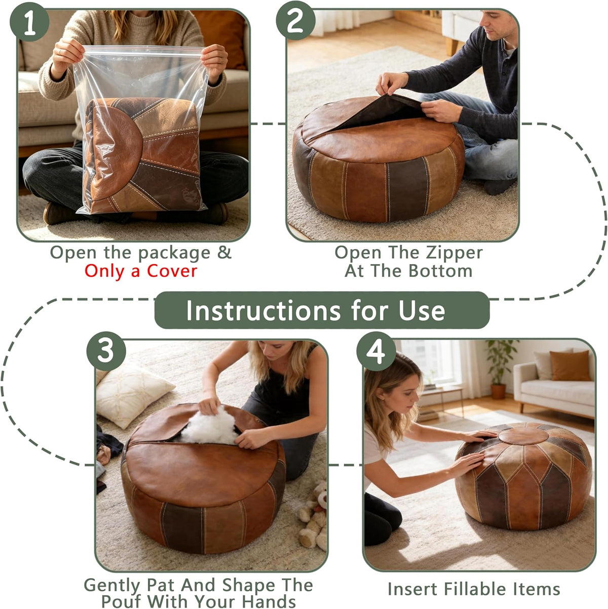 Thgonwid Round Unstuffed Pouf Cover, Faux Leather Storage Ottoman, Boho Moroccan Foot Stool, Multi-Purpose Home Decor for Living Room, Bedroom and Balcony, Retro Moroccan Color, No Filling Included