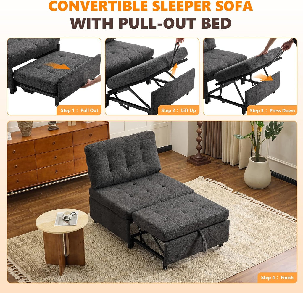 VINGLI Convertible Sofa Bed Tufted Teddy Fleece Sleeper Chair Bed Couch Armless Living Room Chairs with Adjustable Backrest Pull Out Couch Bed for Small Spaces
