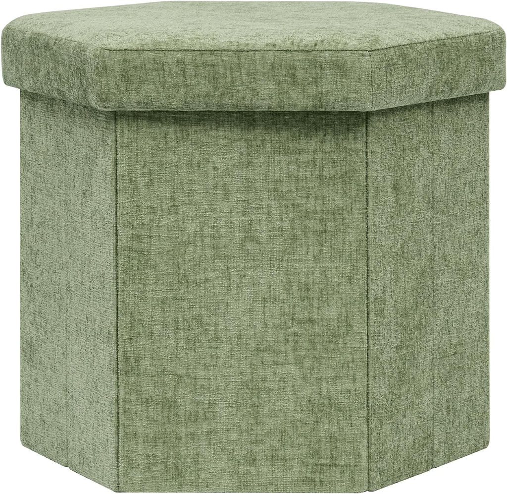 Hexagon Storage Ottoman, Foldable Chenille FootRest with Hidden Storage, Small Ottoman Footstool for Living Room, Bedroom, Dorm, Entryway, 15 x 16.9 x 15 Inches, Green