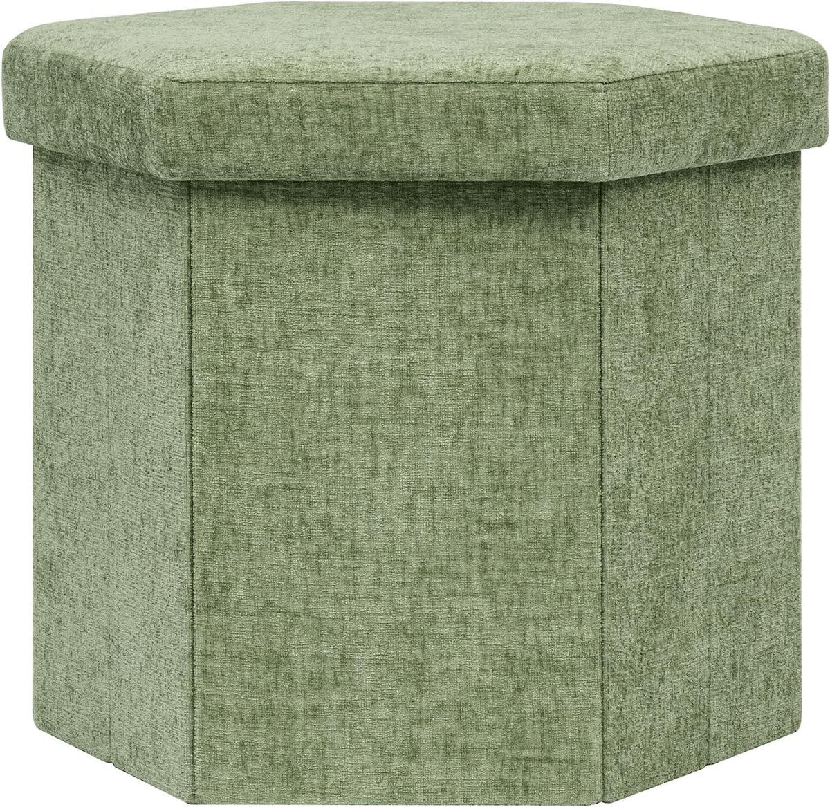 Hexagon Storage Ottoman, Foldable Chenille FootRest with Hidden Storage, Small Ottoman Footstool for Living Room, Bedroom, Dorm, Entryway, 15 x 16.9 x 15 Inches, Green