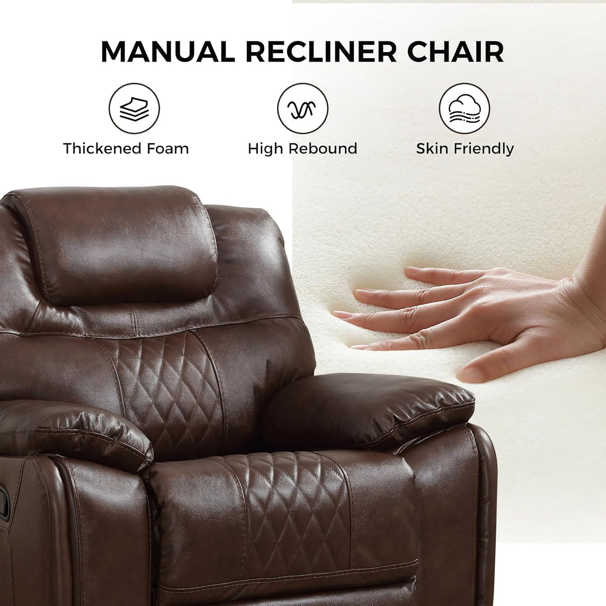 EBELLO Genuine Leather Recliner Chair, Manual Overstuffed Reclining Sofa for Adults with Comfortable Armrest and Backrest, Single Couch for Living Room, Dark Brown