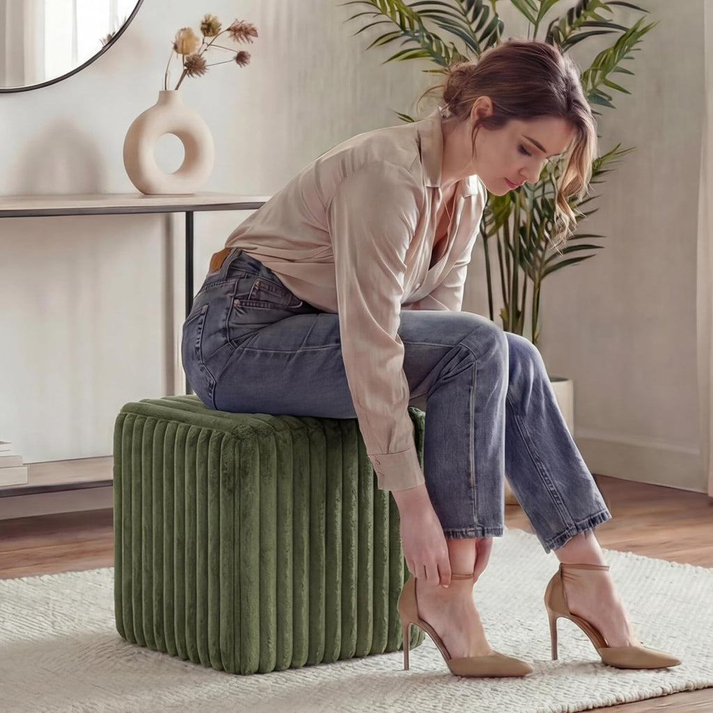 Modern Square Vanity Stools, Small Striped Pattern Ottoman, Cute Velvet Foot Stool, Tufted Fabric Footrest, Upholstered Vanity Chair, Stool for Makeup, Bedroom, Living Room(2, Square-Dark Green)