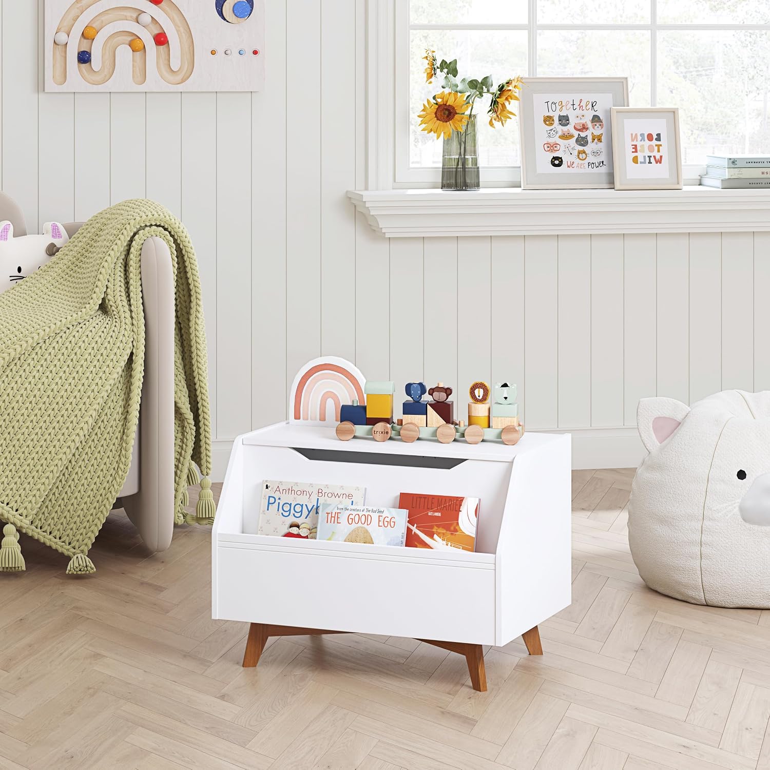 UTEX Kids Toy Box, Toy Chest with Bookshelf, Kids Storage Organizer Bench | Wooden Toy Trunk With Lit, Gently Tapered Solid Wood Legs, Boys and Girls, Toy Room, Small Room, Playroom, Gift, White