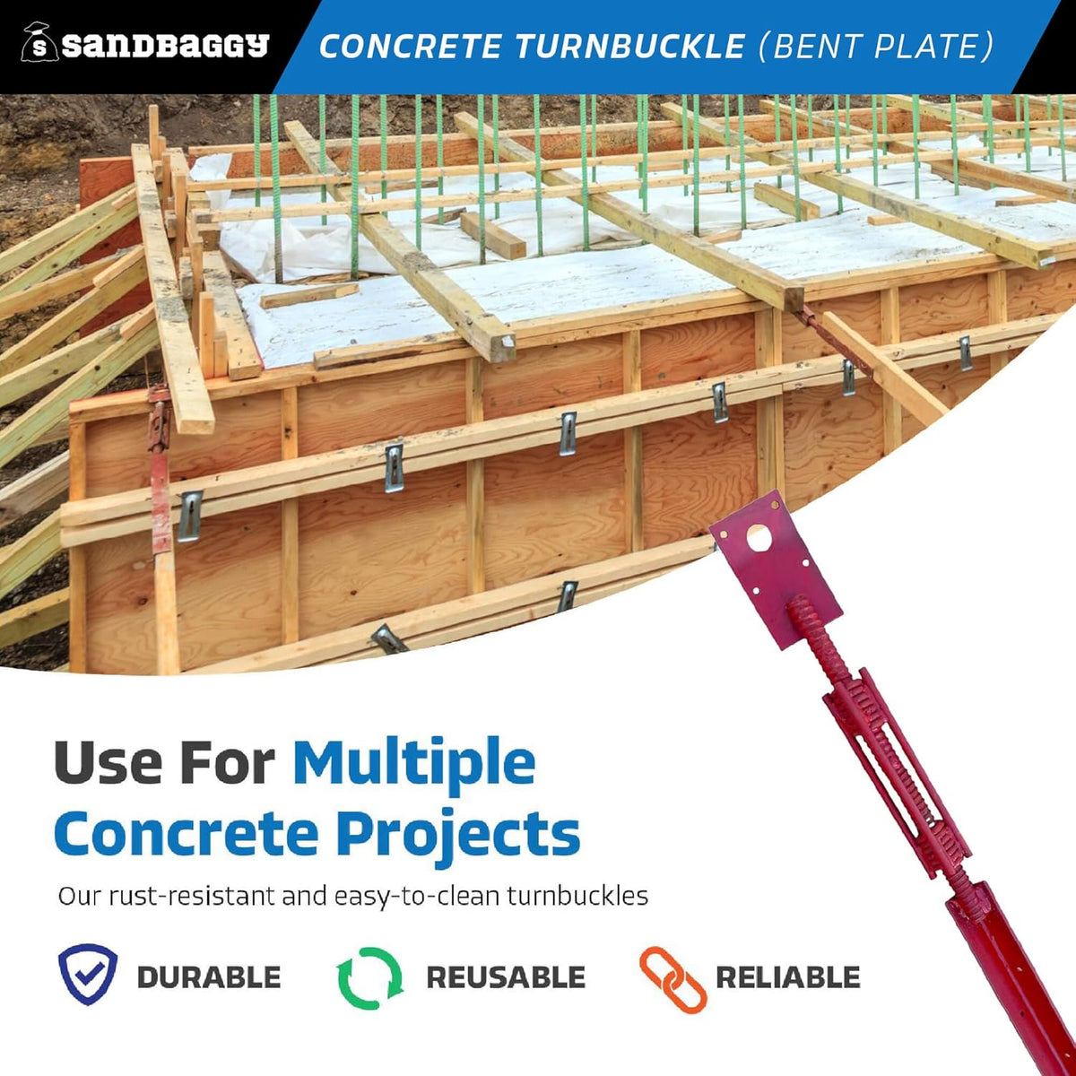 Sandbaggy Concrete Turnbuckle Form Aligner with 5" x 3" Bent Plate (35" - 37.5" Length) - Rust Resistant Steel - Adjustable Wall Brace - Aligns & Plumbs Form Walls, Columns, or Beams (35 inches, 4)