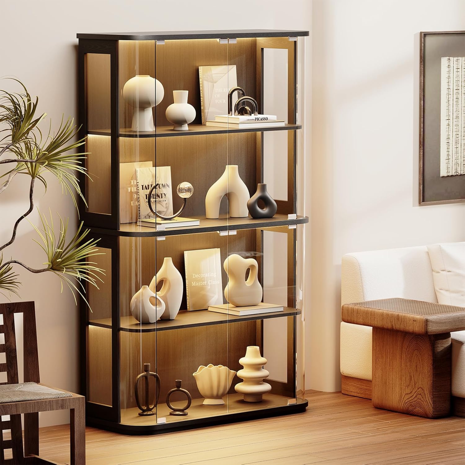 BROTTAR Large Rounded Display Cabinet with Glass Door & Lights, Black