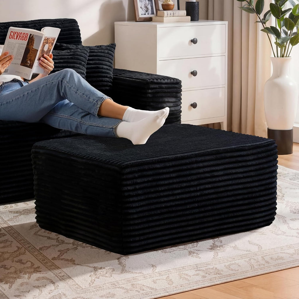 37" Plush Ottoman, Upholstered Cloud Footrest for Couch in a Box,Oversize Poufs for Living Room & Bedroom Sofa Ottoman,Comfy Seating with Dense Foam, Black (Plush Corduroy Fabric)
