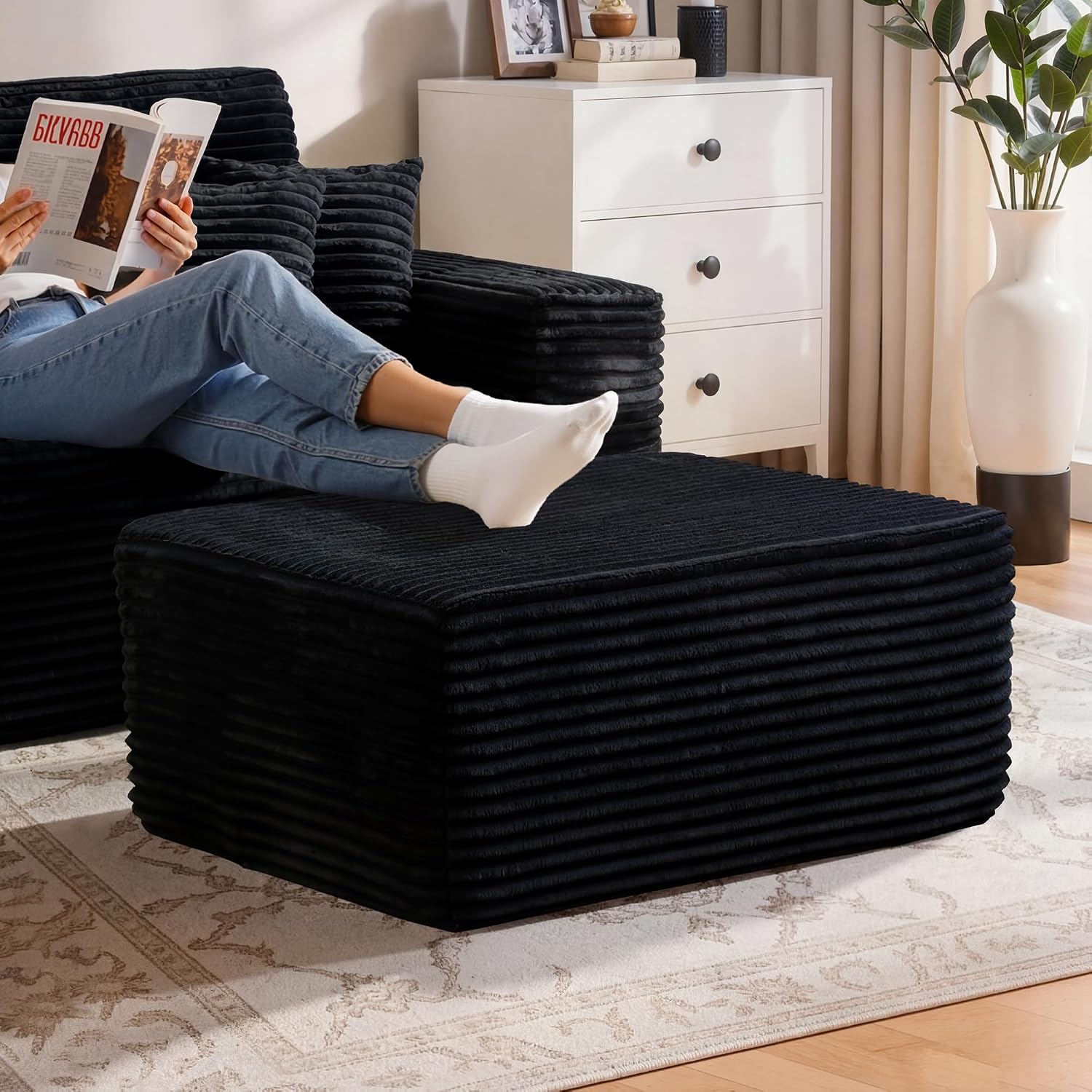 37" Plush Ottoman, Upholstered Cloud Footrest for Couch in a Box,Oversize Poufs for Living Room & Bedroom Sofa Ottoman,Comfy Seating with Dense Foam, Black (Plush Corduroy Fabric)