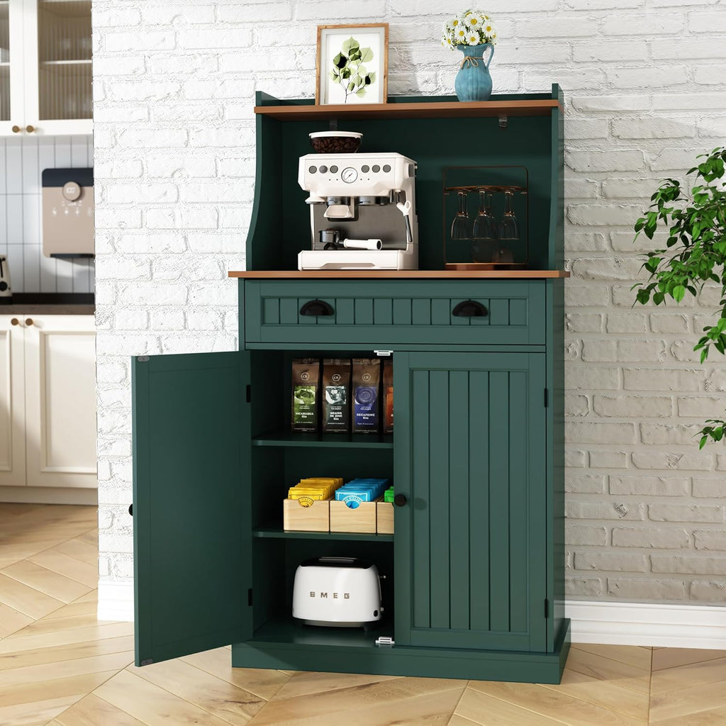 HOLTICO 54" Kitchen Pantry Storage Cabinet with Doors and Adjustable Shelves, Green Freestanding Microwave Cabinet with Drawer for Kitchen, Coffee Bar, Living Room