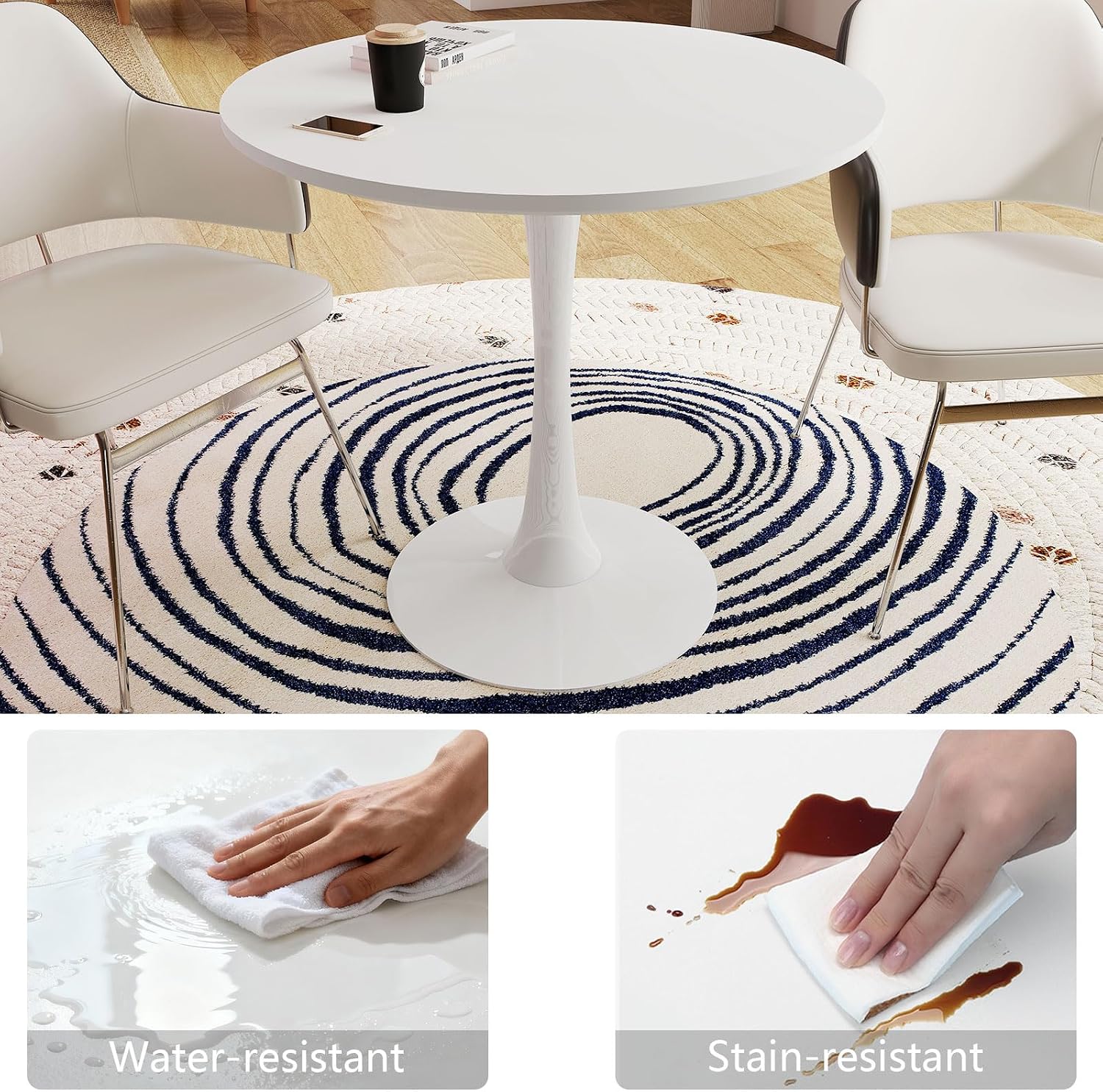 27.5" White Round Dining Table, MDF Top with Metal Pedestal Base, Modern Accent Table for Small Spaces, Kitchen, Dining Room & Living Room