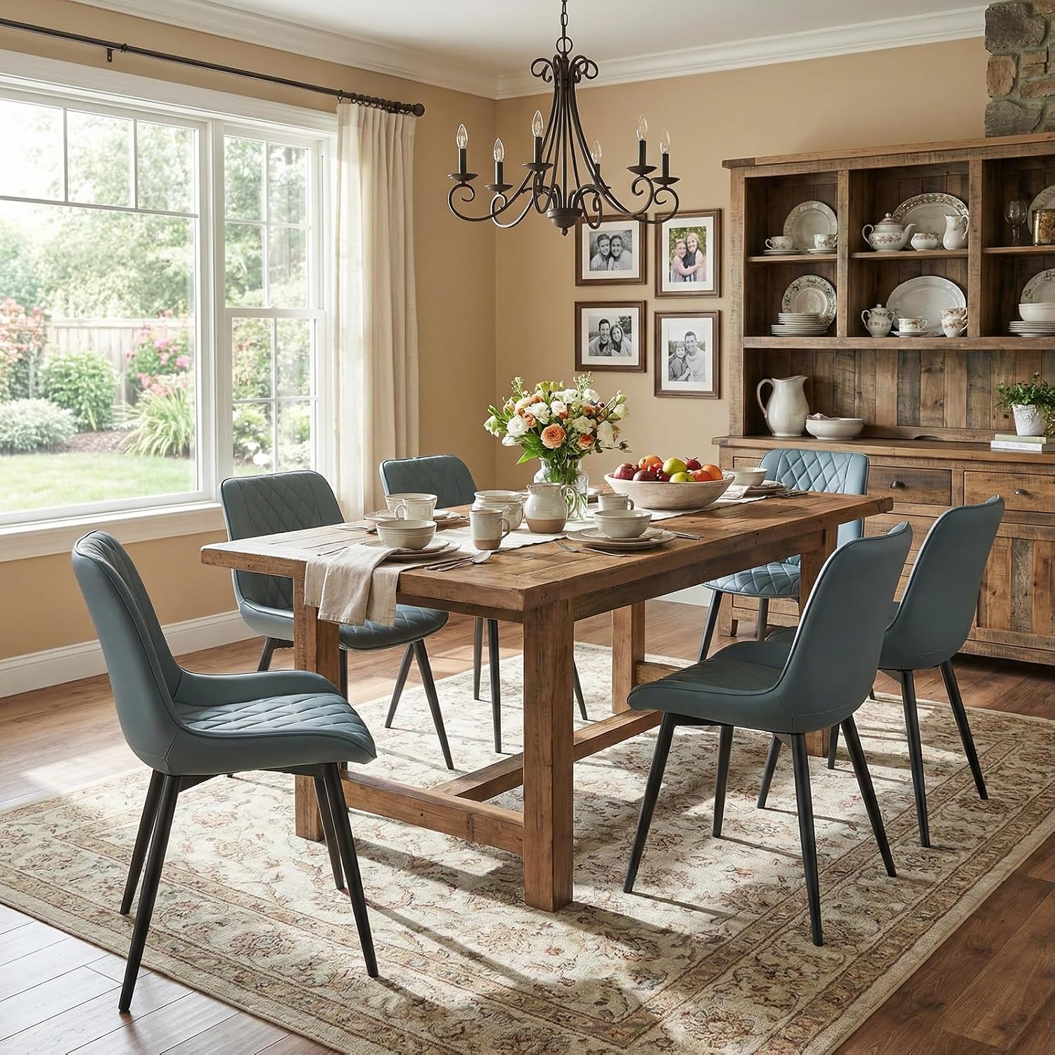 Rowill Dining Chairs Set of 2 Modern Faux Leather Kitchen Chairs with Thickened Metal Frame, Scratch-Resistant Upholstery,Widened Seat & Anti-Slip Pads, Cushioned Backrest for Kitchen,Greyish Green