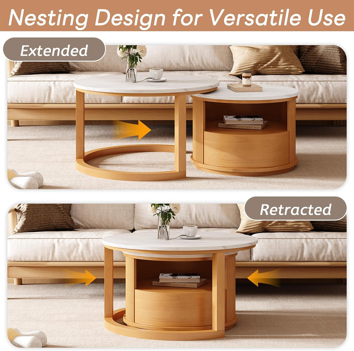 28" Marble Veneer MDF Nesting End Table, Nesting End Tables with Tiered Storage, Coffee Table Set with Hidden Drawer for Modern Compact interiors, Natural