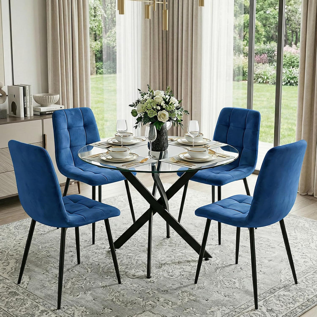 Dining Table Set for 4, Round Glass Kitchen Table with 4 Blue Highback Tufted Velvet Side Chairs, 5-Piece Modern Dining Room Set for Kitchen, Apartment, Small Spaces